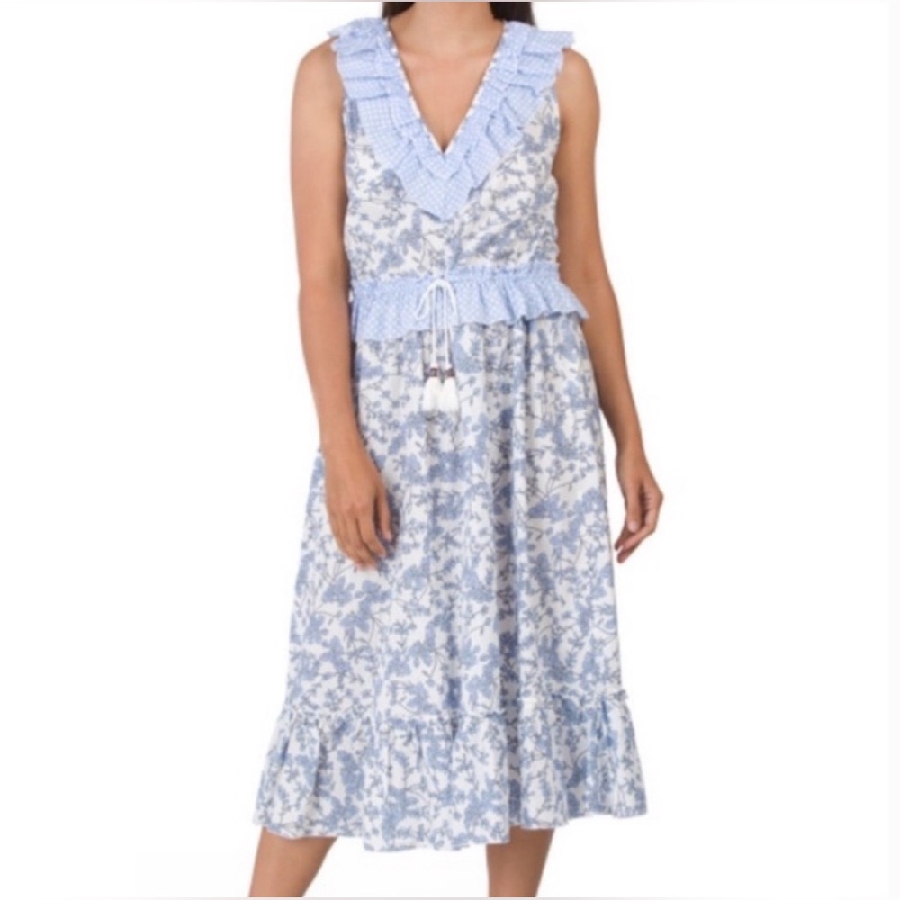 Anthropologie Magari Blue White Paisley Boho MidI Dress Size M